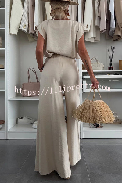 Santie Round Neck Cape Sleeve Loose Top and Elastic Waist Pocket Wide Leg Pants Set