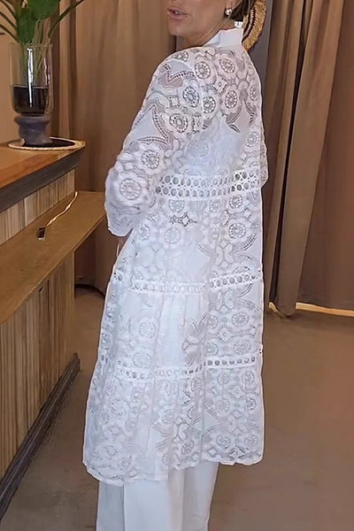 Solid Color Hollow Lace Lapel Button Long Shirt