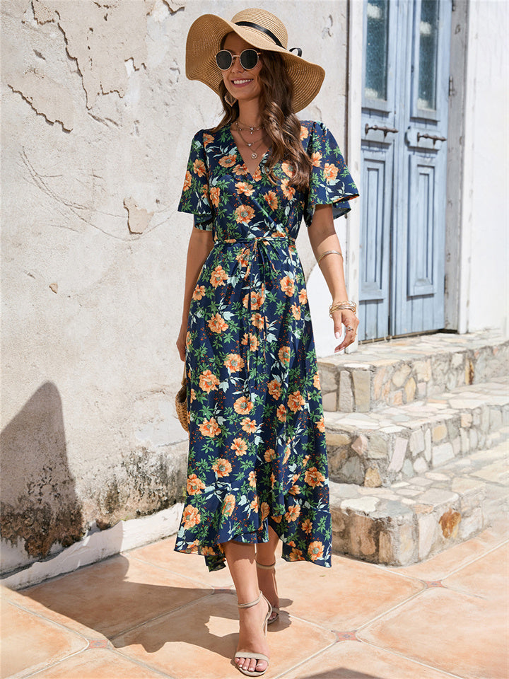 Ruffle Short Sleeve Strappy Dress Beach Resort Dress Navy S M L XL