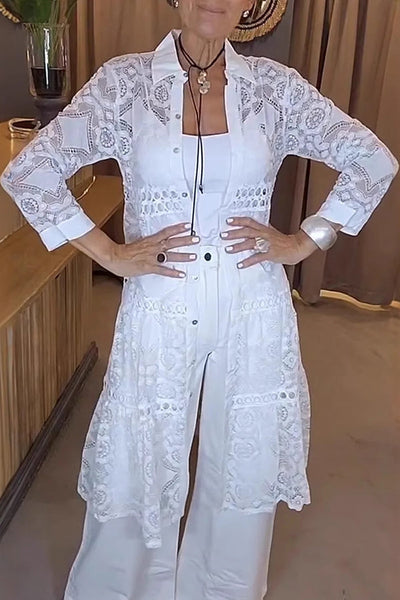 Solid Color Hollow Lace Lapel Button Long Shirt
