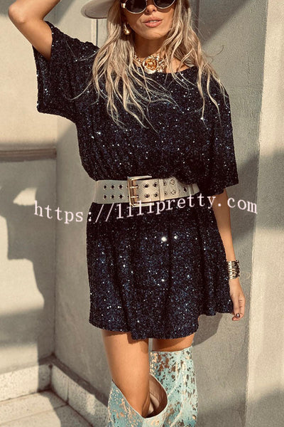 Night Moves Sequin Fabric Short Sleeve Backless H-line Mini Dress
