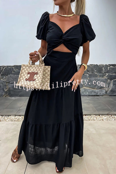 Solid Color Hollow Backless Puff Sleeve Maxi Dress