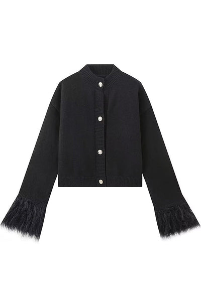 Solid Color Elegant Feather Long Sleeve Casual Knitted Cardigan