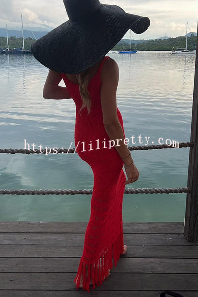 Sexy Cutout Slim Fit Fringed Hem Knitted Maxi Dress