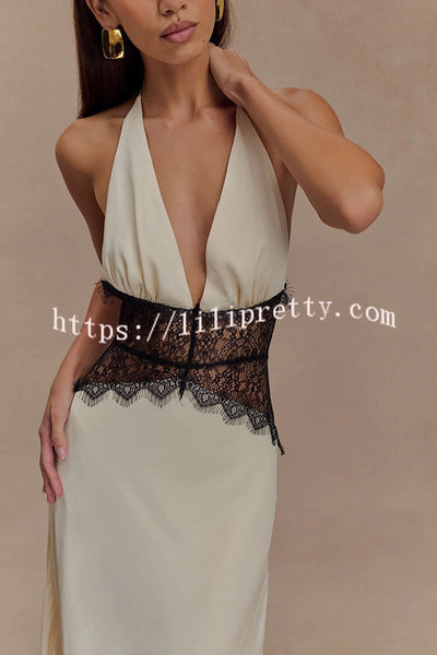Romantic Sexy Satin Lace Waist Halter Maxi Dress