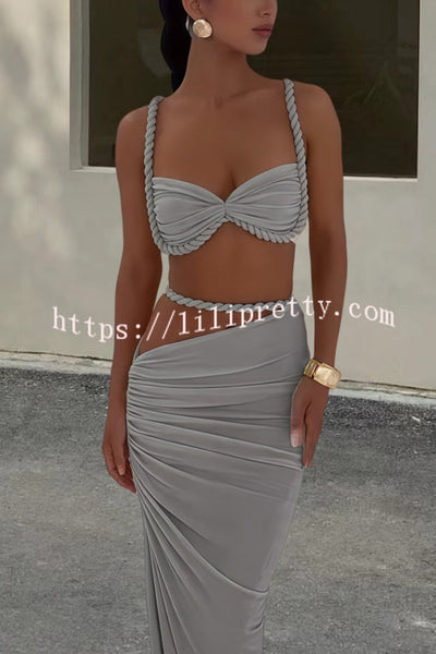 Sexy Halter Back Braided Suspender Top and Beach Holiday Style Hip-wrapped Maxi Skirt Set