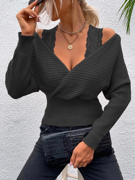 Simple Long Sleeves Hollow Lacy Solid Color V-Neck Sweater Tops