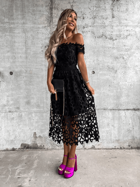 LOVE STORY BABY LACE OFF SHOULDER MIDI DRESS - BLACK
