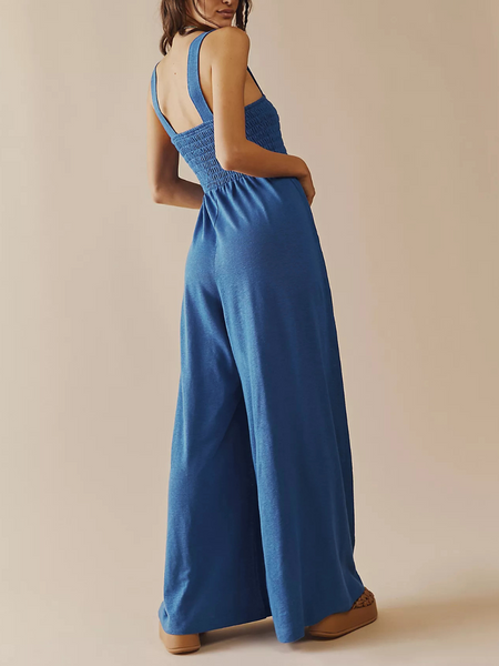 SHORE VACAYS SMOCKED POCKETED WIDE LEG JUMPSUIT - BLUE
