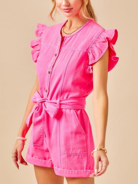 HOUSTON POCKETED BUTTON DOWN DENIM ROMPER - PINK