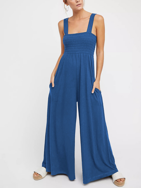 SHORE VACAYS SMOCKED POCKETED WIDE LEG JUMPSUIT - BLUE
