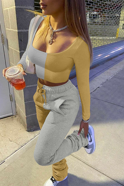 Sexy Solid Patchwork Fold U Neck Long Sleeve Two Pieces