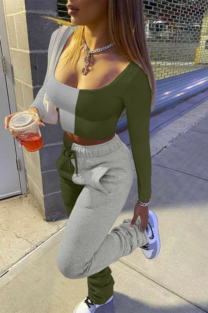 Sexy Solid Patchwork Fold U Neck Long Sleeve Two Pieces
