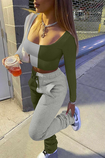 Sexy Solid Patchwork Fold U Neck Long Sleeve Two Pieces