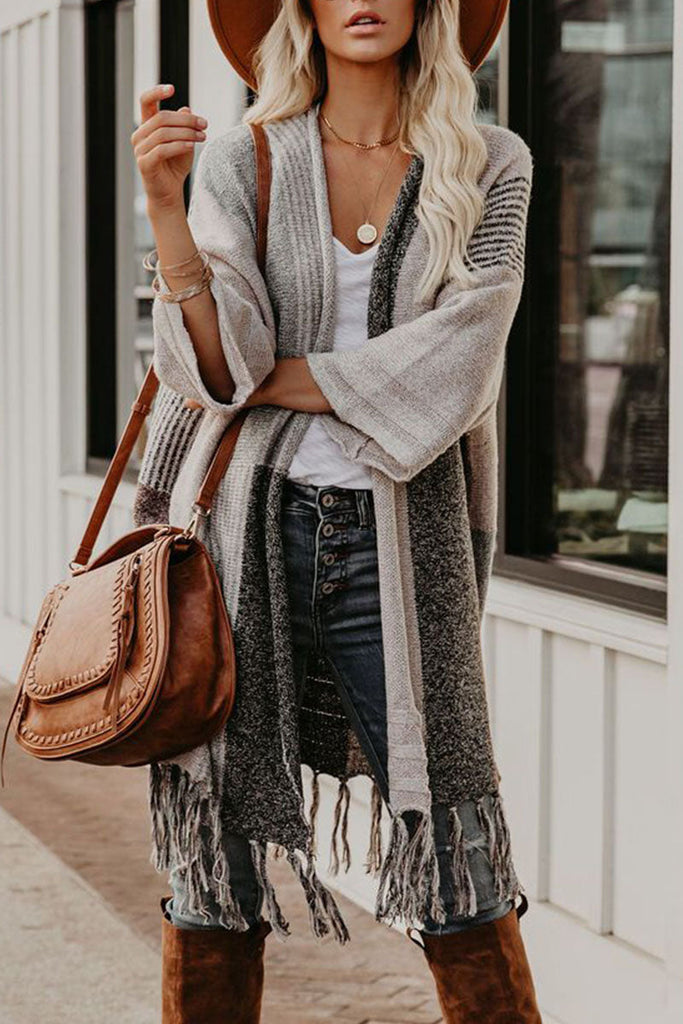 Fringe Colorblock Open Front Cardigan