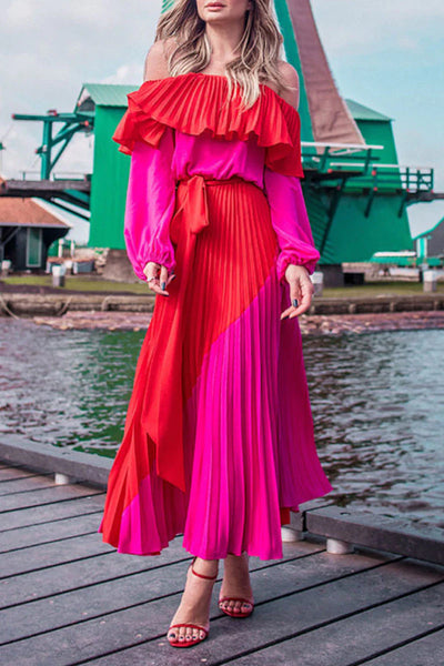 Fashion Street Solid Patchwork Off the Shoulder A Line Dresses