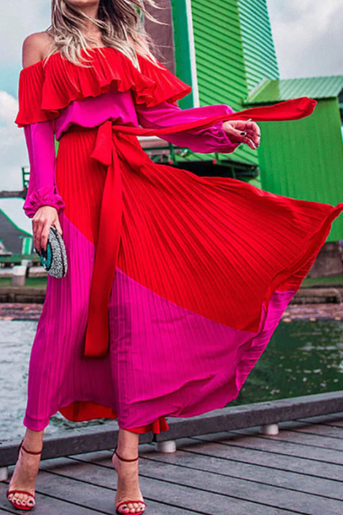 Fashion Street Solid Patchwork Off the Shoulder A Line Dresses