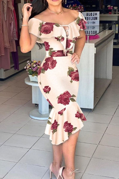 Sexy Print Patchwork Flounce Off the Shoulder Irregular Dress Dresses