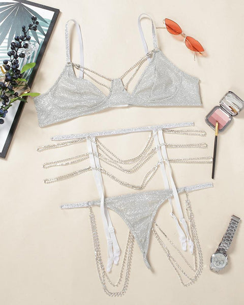 Glitter Studded Chain Strap Garter Lingerie Set - girlyrose.com