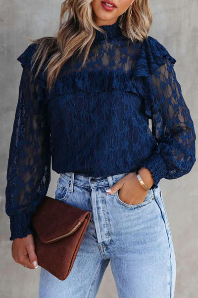 Sexy Elegant Solid Lace Hollowed Out Half A Turtleneck Tops(3 Colors)