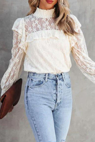 Sexy Elegant Solid Lace Hollowed Out Half A Turtleneck Tops(3 Colors)