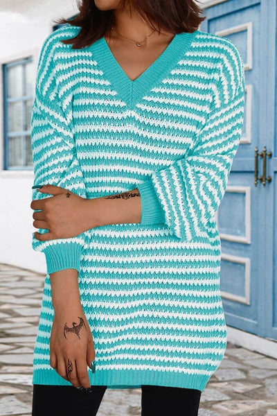 Plaid Striped Patchwork V Neck Long Sleeve Dresses