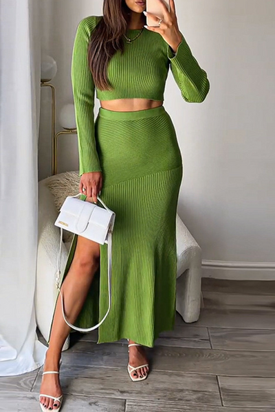 Sexy Solid High Opening O Neck Long Sleeve Two Pieces