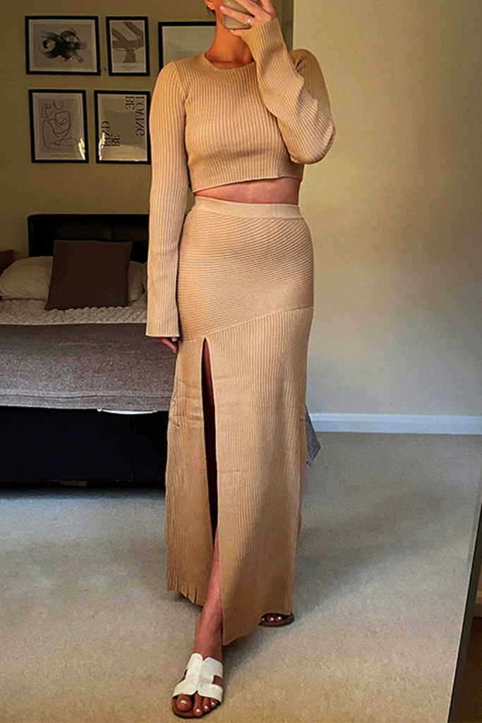 Sexy Solid High Opening O Neck Long Sleeve Two Pieces