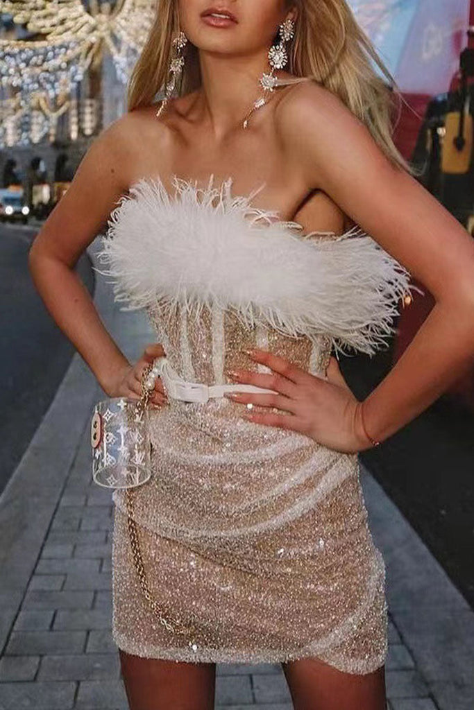 Sexy Solid Sequins Patchwork Feathers With Belt Strapless Pencil Skirt Dresses