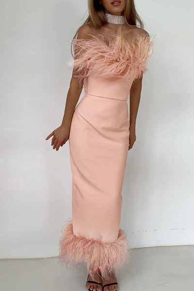 Sexy Solid Patchwork Feathers Strapless One Step Skirt Dresses(3 Colors)