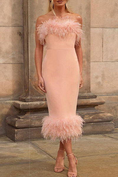 Sexy Solid Patchwork Feathers Strapless One Step Skirt Dresses(3 Colors)