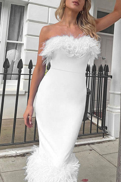 Sexy Solid Patchwork Feathers Strapless One Step Skirt Dresses(3 Colors)