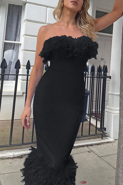 Sexy Solid Patchwork Feathers Strapless One Step Skirt Dresses(3 Colors)