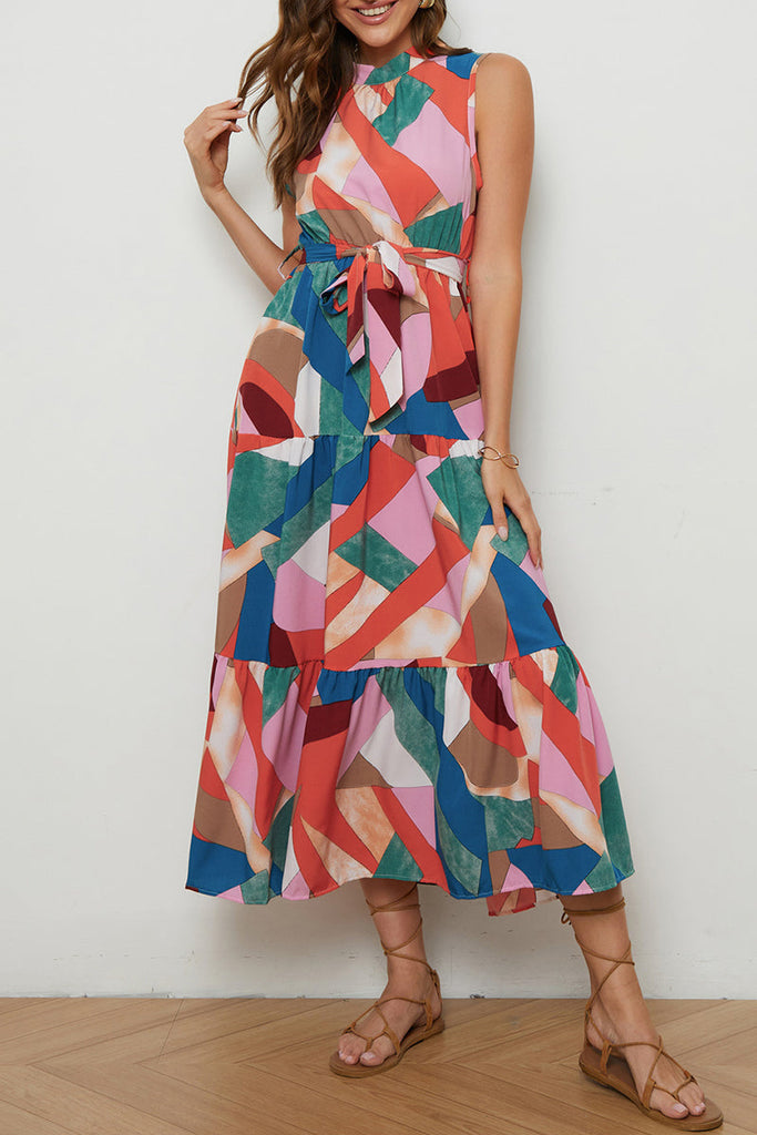 Elegant Geometric Print Patchwork Half A Turtleneck A Line Dresses