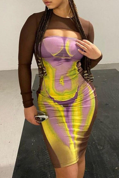 Sexy Casual Print Hollowed Out O Neck Long Sleeve Dresses