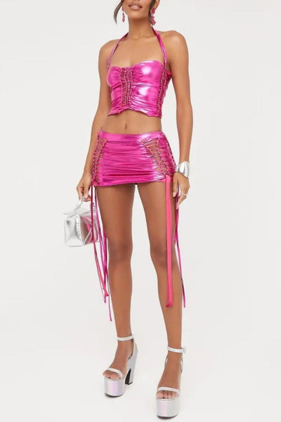 Sexy Solid Frenulum Backless Halter Sleeveless Two Pieces