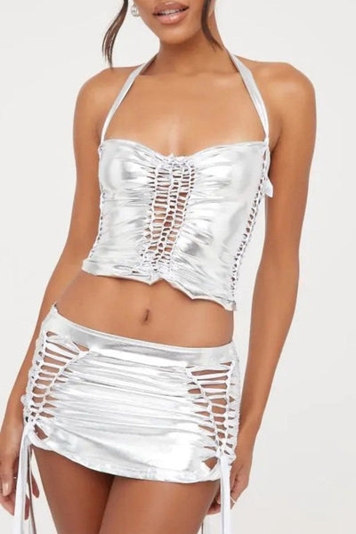 Sexy Solid Frenulum Backless Halter Sleeveless Two Pieces