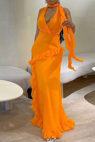 Sexy Solid Patchwork Backless Stringy Selvedge Halter Long Dress Dresses