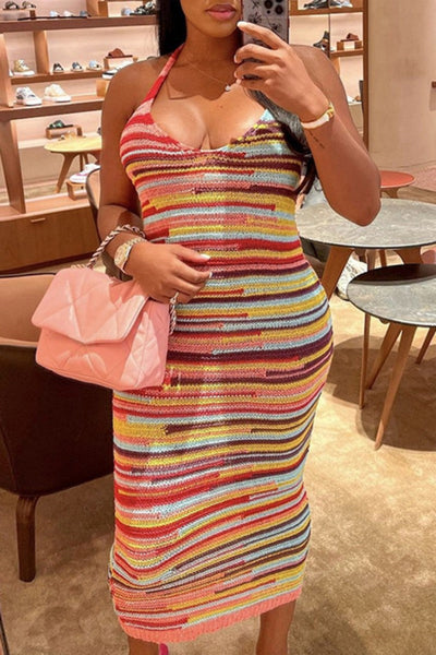 Sexy Print Bandage Backless Halter Long Dress Dresses