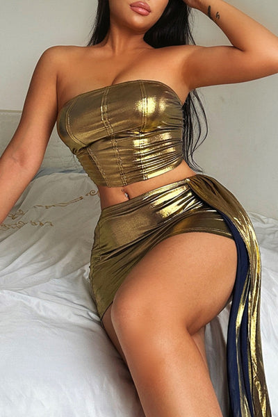 Sexy Solid Patchwork Backless Strapless Sleeveless Two Pieces