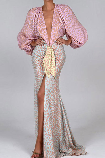 Sexy Elegant Geometric Print Patchwork V Neck Printed Dress Dresses