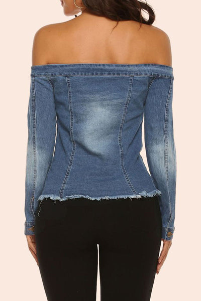 Sexy Print Patchwork Off the Shoulder Long Sleeve Regular Denim Jacket