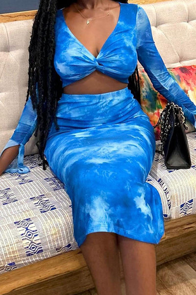 Sexy Street Tie Dye Patchwork Printing V Neck Long Sleeve Two Pieces