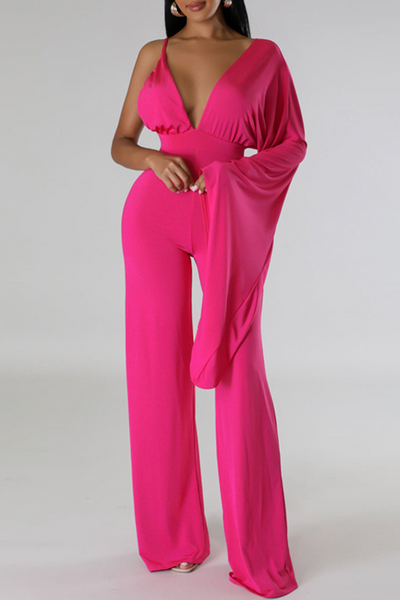 Sexy Solid Patchwork Backless Fold V Neck Regular Jumpsuits