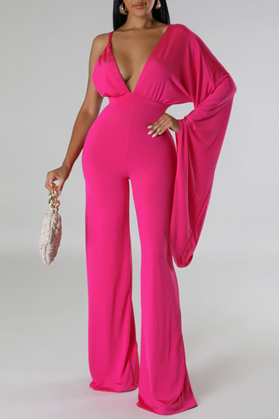 Sexy Solid Patchwork Backless Fold V Neck Regular Jumpsuits