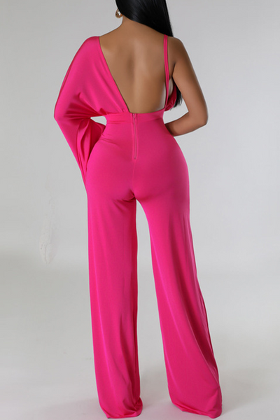 Sexy Solid Patchwork Backless Fold V Neck Regular Jumpsuits