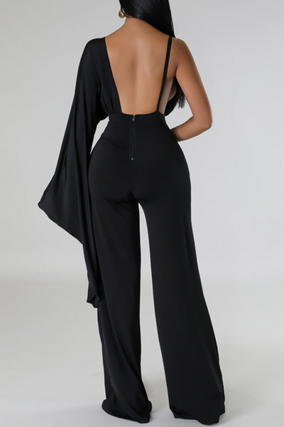 Sexy Solid Patchwork Backless Fold V Neck Regular Jumpsuits
