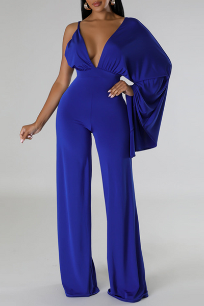 Sexy Solid Patchwork Backless Fold V Neck Regular Jumpsuits