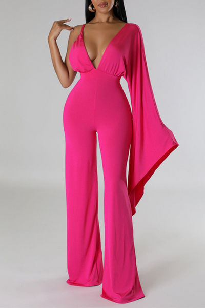 Sexy Solid Patchwork Backless Fold V Neck Regular Jumpsuits