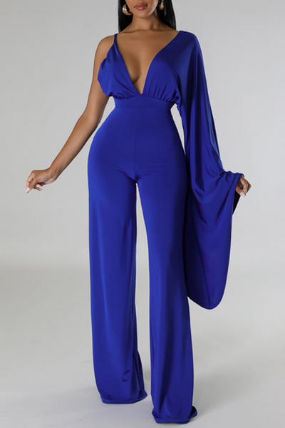 Sexy Solid Patchwork Backless Fold V Neck Regular Jumpsuits